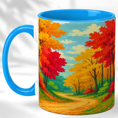 #pl[11oz|Blue] Autumn Forest Coffee Mug, Fall Foliage Mug, Ceramic Cup
