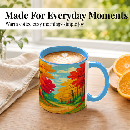 #pl[11oz|Blue] Autumn Forest Coffee Mug, Fall Foliage Mug, Ceramic Cup