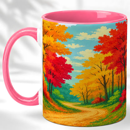 #pl[11oz|Pink] Autumn Forest Coffee Mug, Fall Foliage Mug, Ceramic Cup