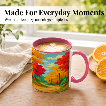 #pl[11oz|Pink] Autumn Forest Coffee Mug, Fall Foliage Mug, Ceramic Cup