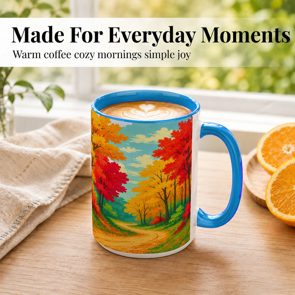 #pl[15oz|Blue] Autumn Forest Coffee Mug, Fall Foliage Mug, Ceramic Cup