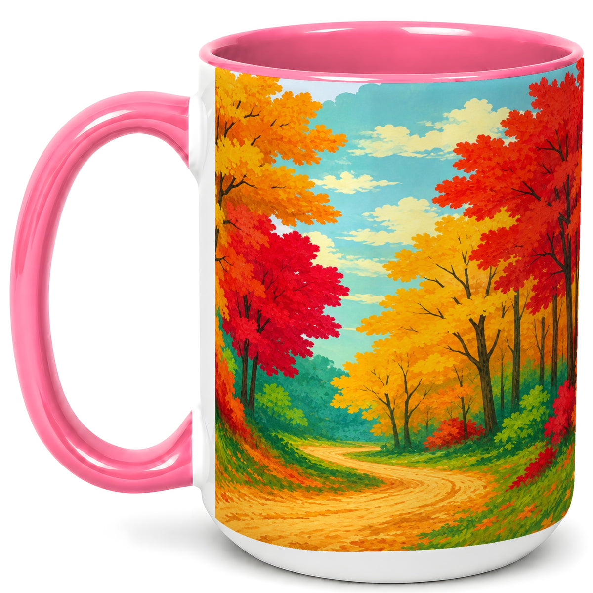 #pl[15oz|Pink] Autumn Forest Coffee Mug, Fall Foliage Mug, Ceramic Cup