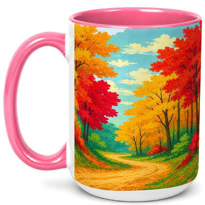 #pl[15oz|Pink] Autumn Forest Coffee Mug, Fall Foliage Mug, Ceramic Cup