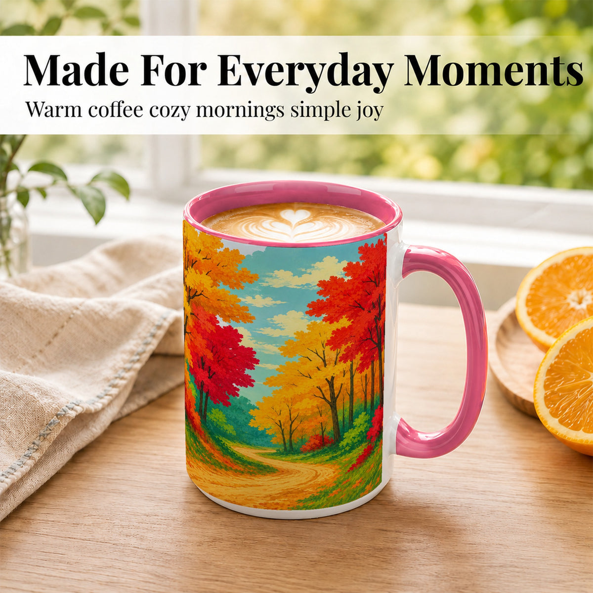 #pl[15oz|Pink] Autumn Forest Coffee Mug, Fall Foliage Mug, Ceramic Cup