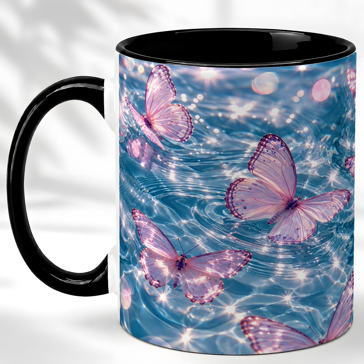 #pl[11oz|Black] Pink Butterfly Water Coffee Mug, Butterfly Mug, Ceramic Cup