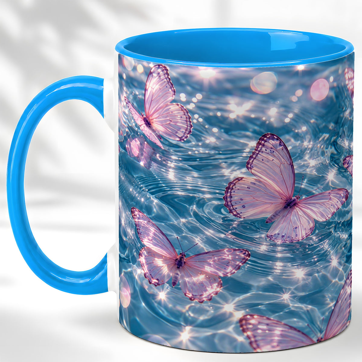 #pl[11oz|Blue] Pink Butterfly Water Coffee Mug, Butterfly Mug, Ceramic Cup