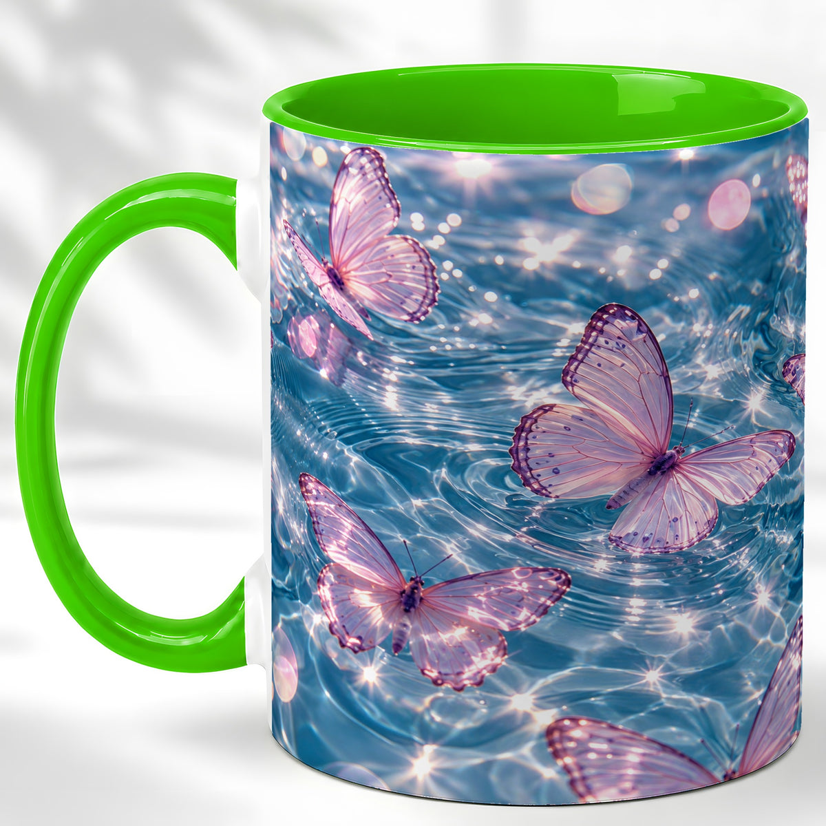 #pl[11oz|Green] Pink Butterfly Water Coffee Mug, Butterfly Mug, Ceramic Cup