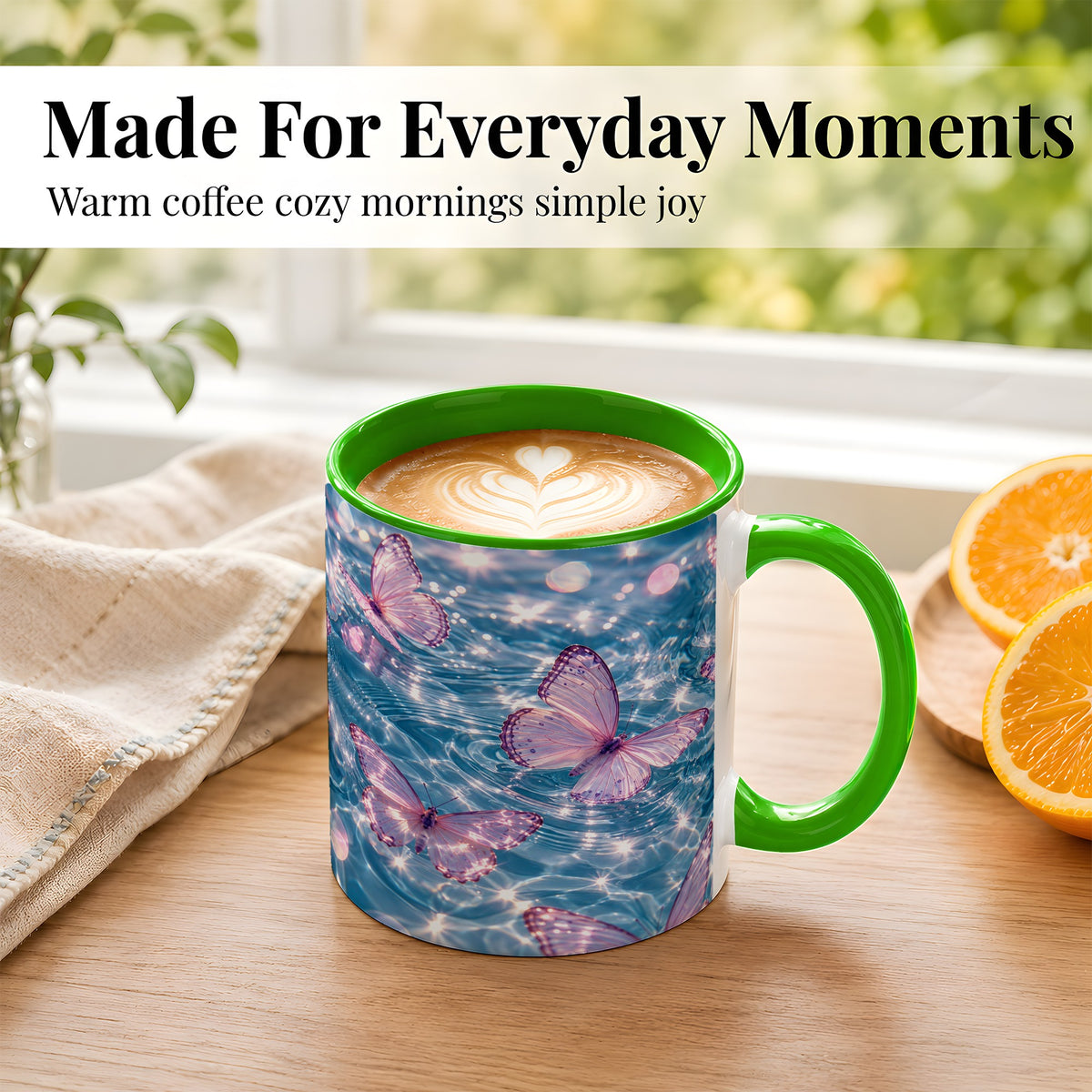 #pl[11oz|Green] Pink Butterfly Water Coffee Mug, Butterfly Mug, Ceramic Cup
