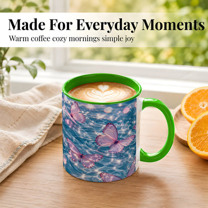 #pl[11oz|Green] Pink Butterfly Water Coffee Mug, Butterfly Mug, Ceramic Cup