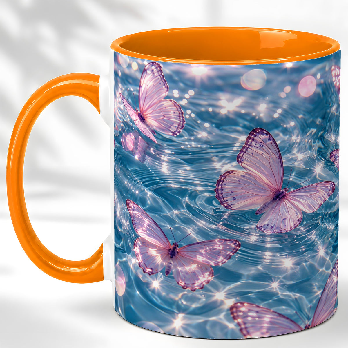 #pl[11oz|Orange] Pink Butterfly Water Coffee Mug, Butterfly Mug, Ceramic Cup
