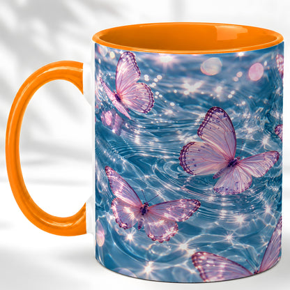 #pl[11oz|Orange] Pink Butterfly Water Coffee Mug, Butterfly Mug, Ceramic Cup