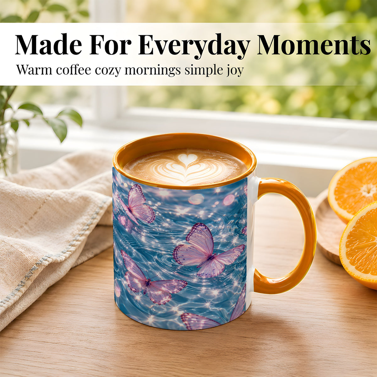#pl[11oz|Orange] Pink Butterfly Water Coffee Mug, Butterfly Mug, Ceramic Cup