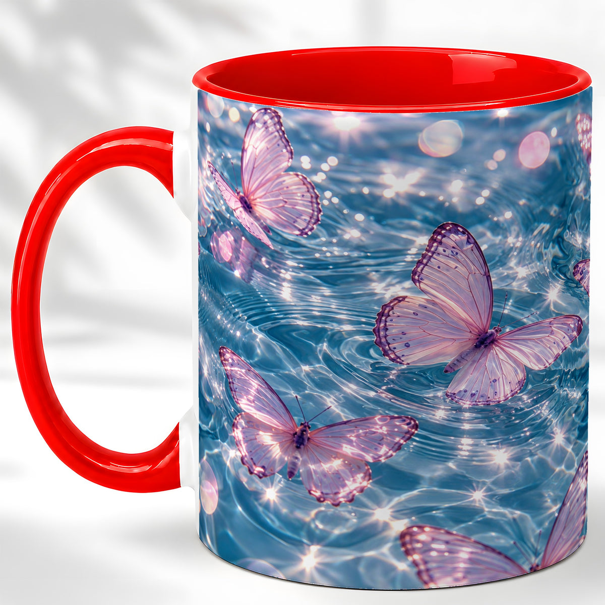 Pink Butterfly Water Coffee Mug, Butterfly Mug, Ceramic Cup