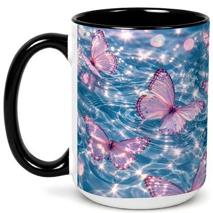 #pl[15oz|Black] Pink Butterfly Water Coffee Mug, Butterfly Mug, Ceramic Cup