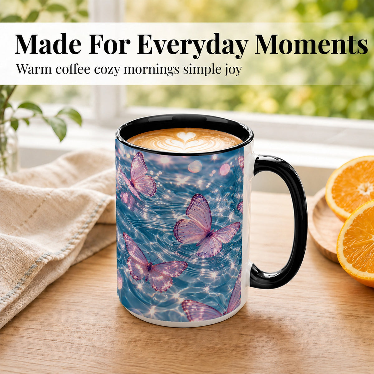 #pl[15oz|Black] Pink Butterfly Water Coffee Mug, Butterfly Mug, Ceramic Cup