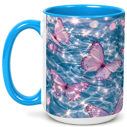 #pl[15oz|Blue] Pink Butterfly Water Coffee Mug, Butterfly Mug, Ceramic Cup