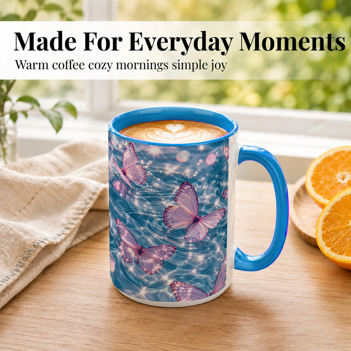 #pl[15oz|Blue] Pink Butterfly Water Coffee Mug, Butterfly Mug, Ceramic Cup