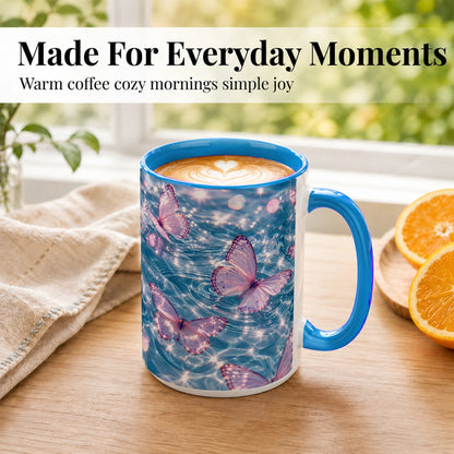 #pl[15oz|Blue] Pink Butterfly Water Coffee Mug, Butterfly Mug, Ceramic Cup