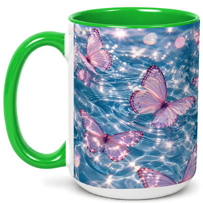 #pl[15oz|Green] Pink Butterfly Water Coffee Mug, Butterfly Mug, Ceramic Cup
