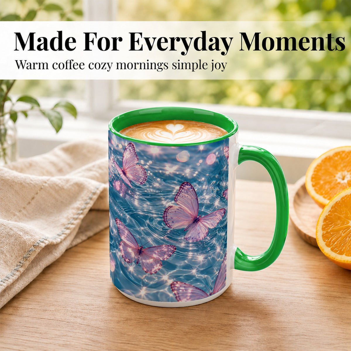 #pl[15oz|Green] Pink Butterfly Water Coffee Mug, Butterfly Mug, Ceramic Cup