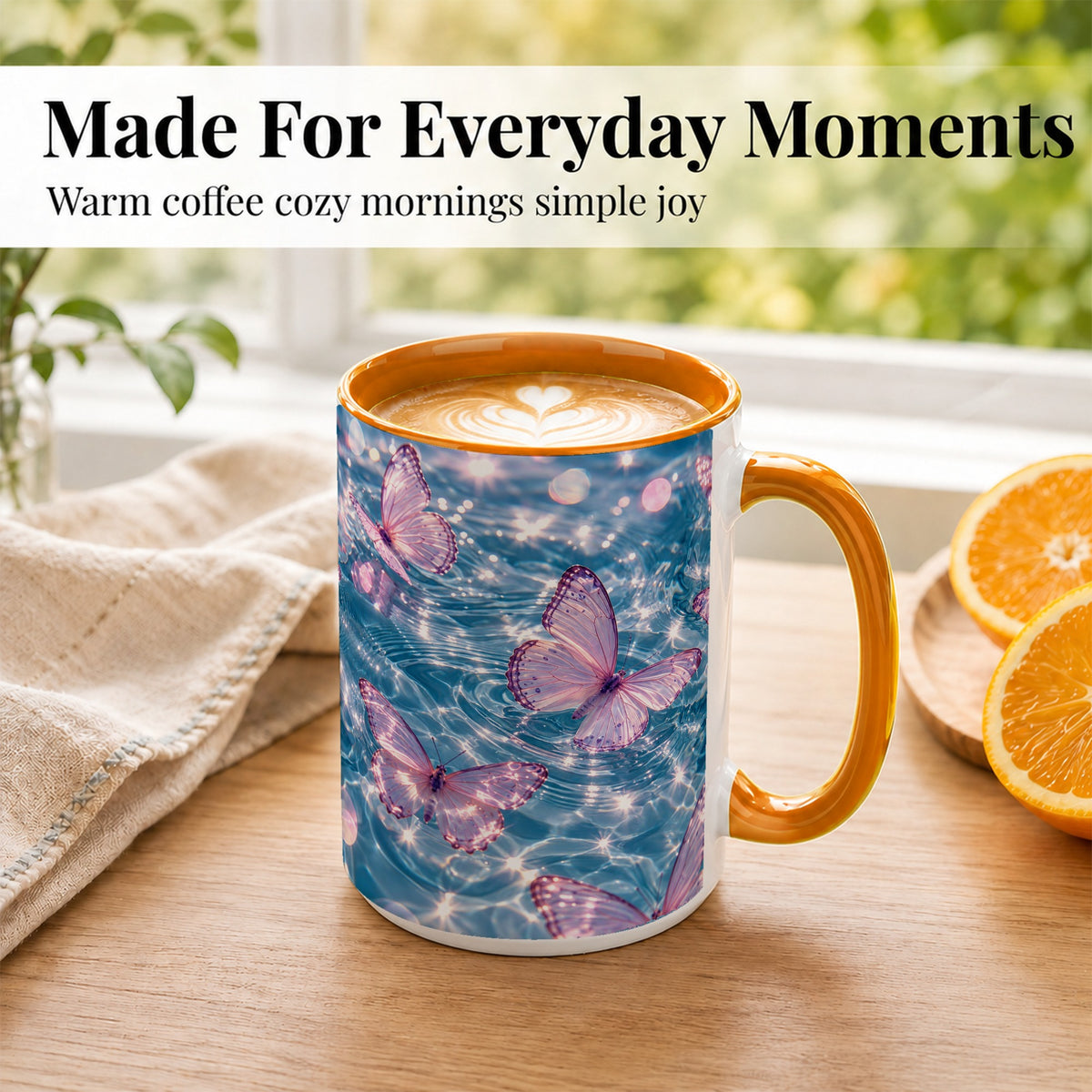 #pl[15oz|Orange] Pink Butterfly Water Coffee Mug, Butterfly Mug, Ceramic Cup
