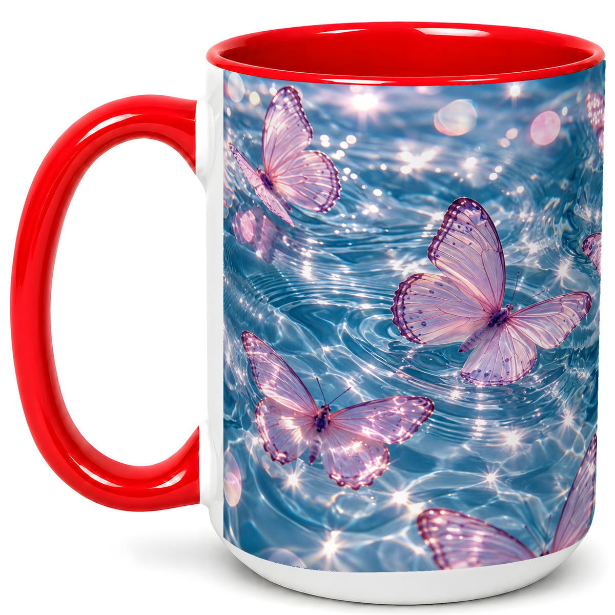 #pl[15oz|Red] Pink Butterfly Water Coffee Mug, Butterfly Mug, Ceramic Cup