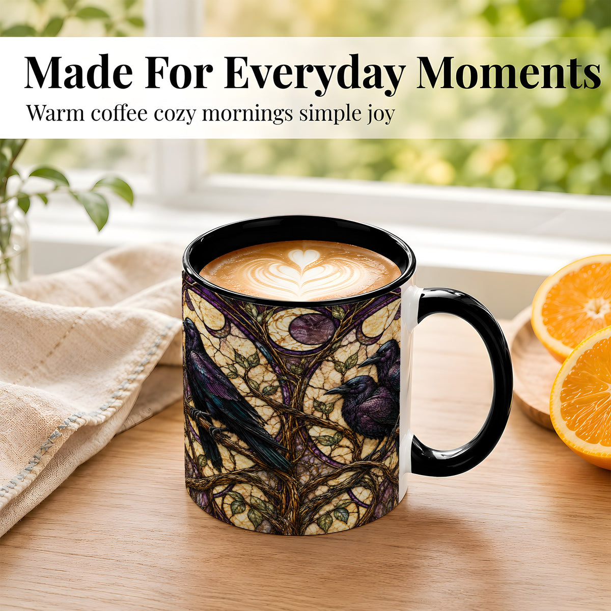 #pl[11oz|Black] Raven Moon Coffee Mug, Stained Glass Raven Mug, Ceramic Cup