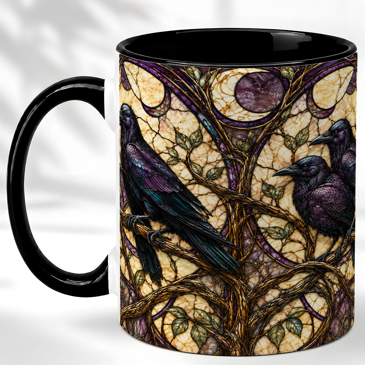 #pl[11oz|Black] Raven Moon Coffee Mug, Stained Glass Raven Mug, Ceramic Cup