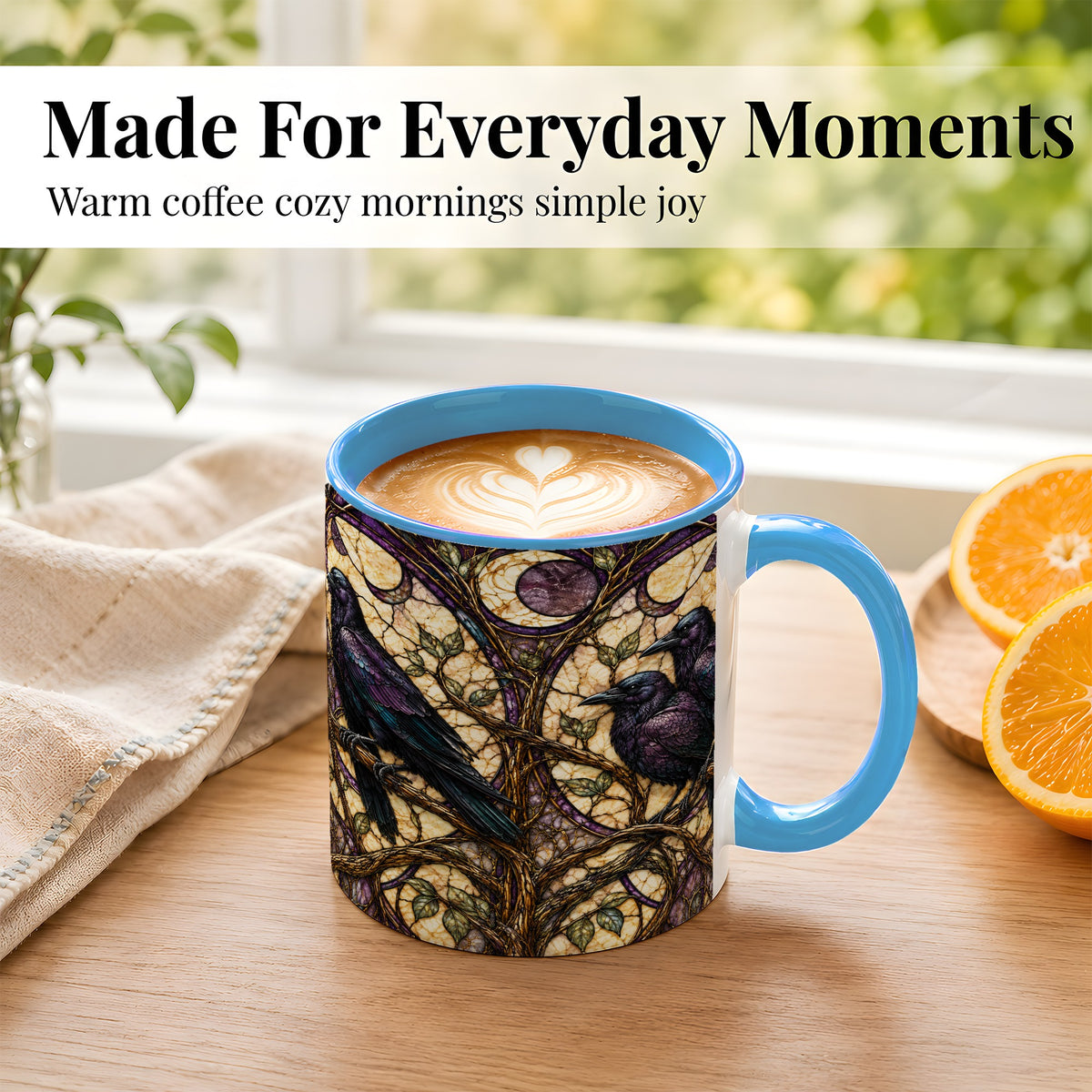 #pl[11oz|Blue] Raven Moon Coffee Mug, Stained Glass Raven Mug, Ceramic Cup