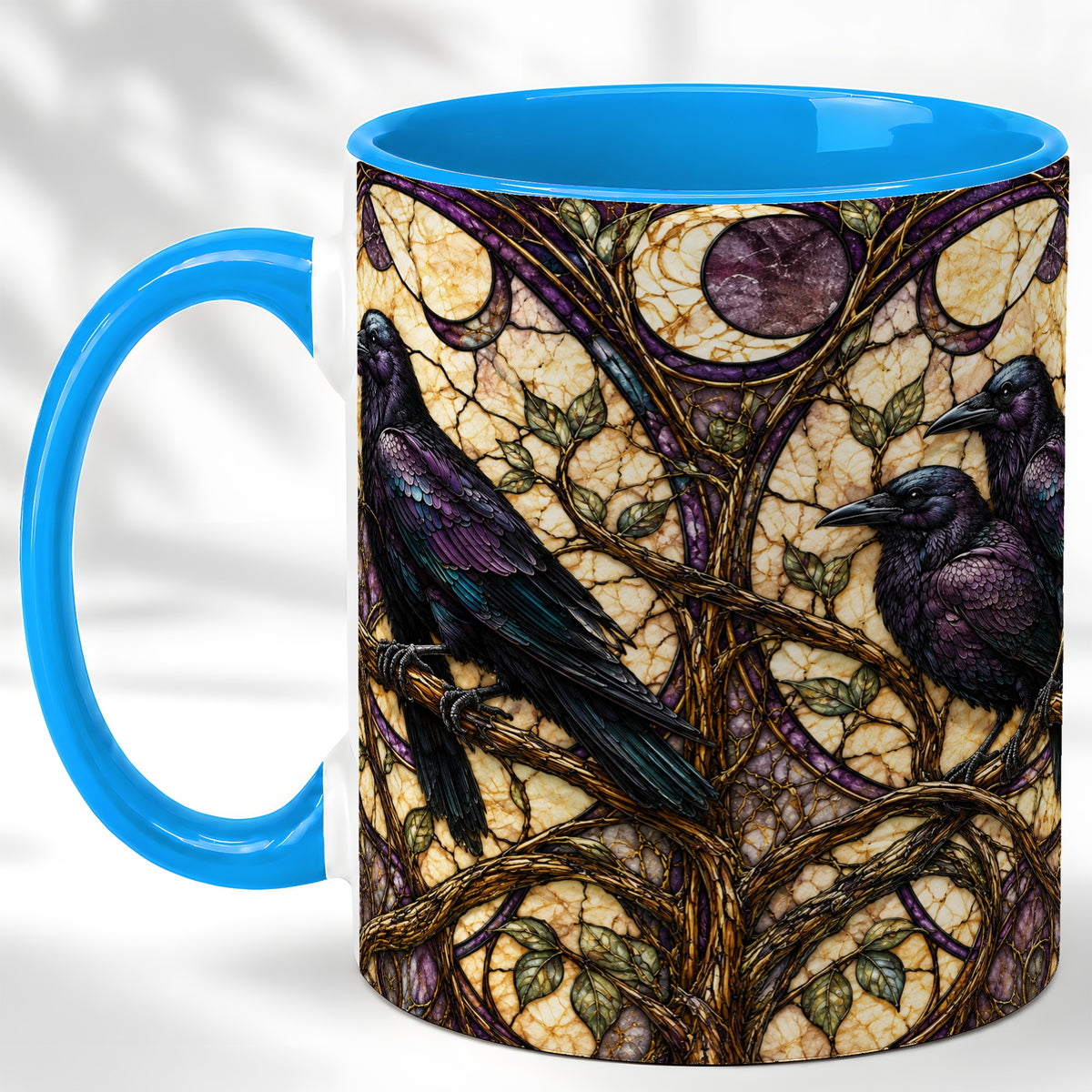 #pl[11oz|Blue] Raven Moon Coffee Mug, Stained Glass Raven Mug, Ceramic Cup