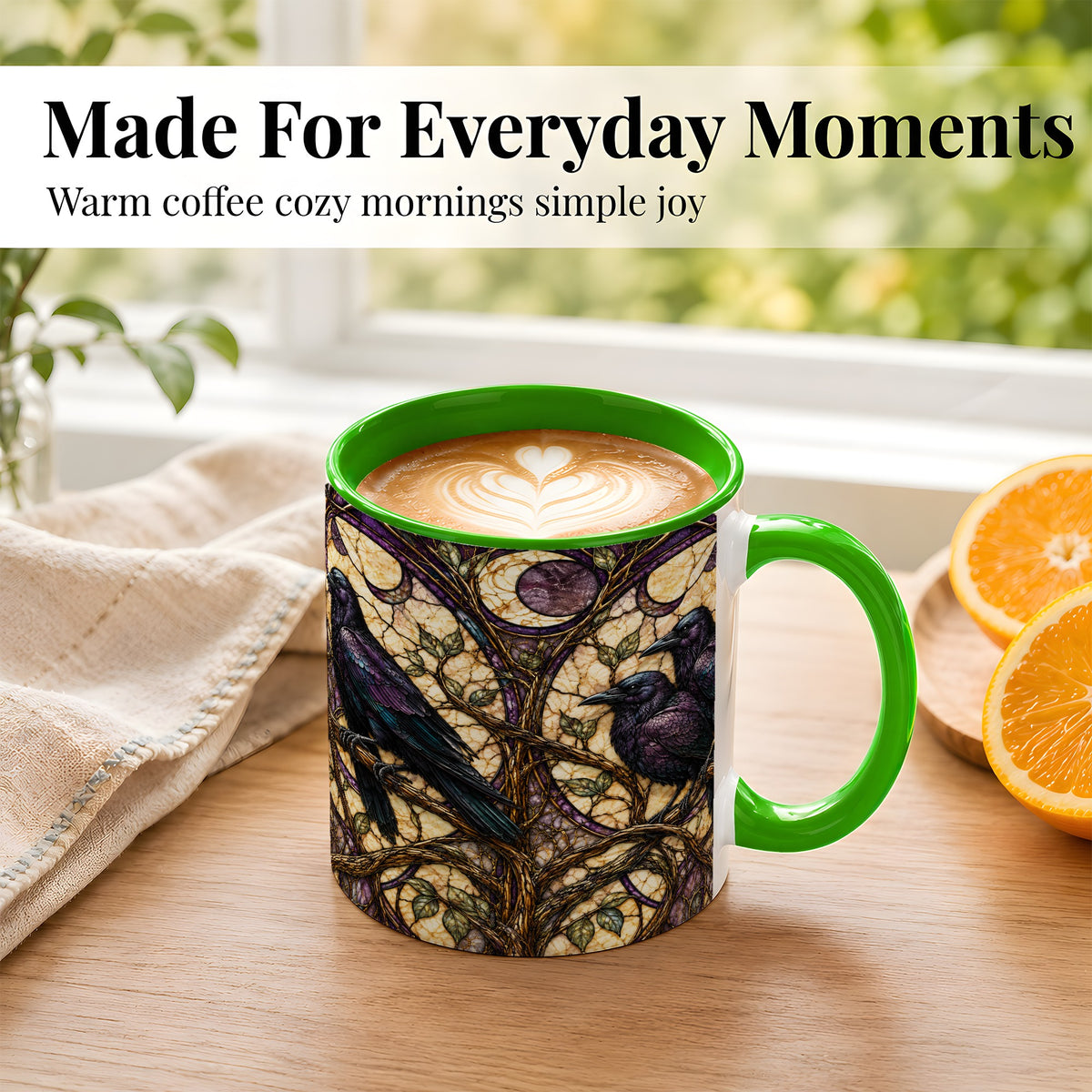 #pl[11oz|Green] Raven Moon Coffee Mug, Stained Glass Raven Mug, Ceramic Cup