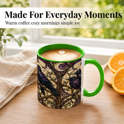 #pl[11oz|Green] Raven Moon Coffee Mug, Stained Glass Raven Mug, Ceramic Cup