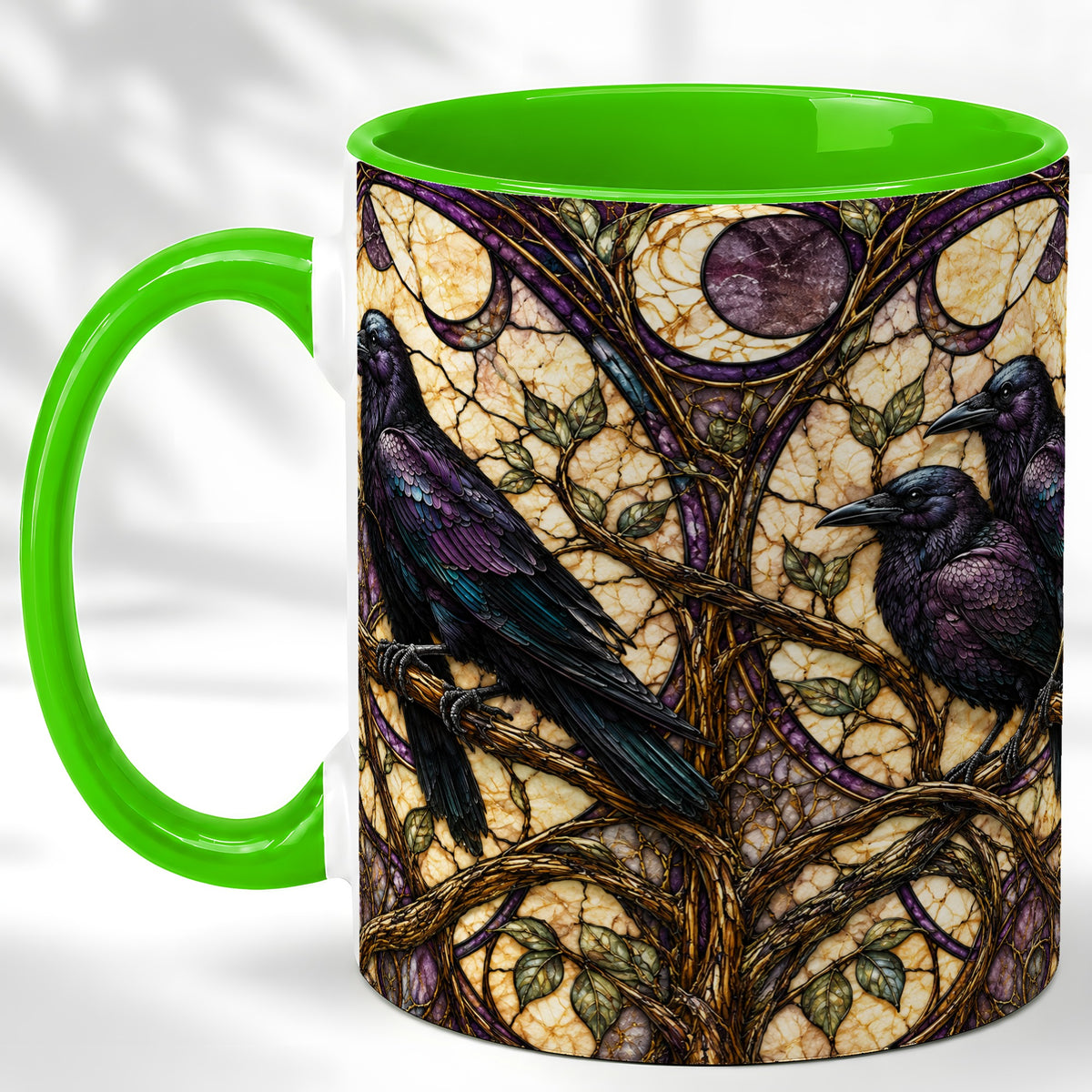 #pl[11oz|Green] Raven Moon Coffee Mug, Stained Glass Raven Mug, Ceramic Cup