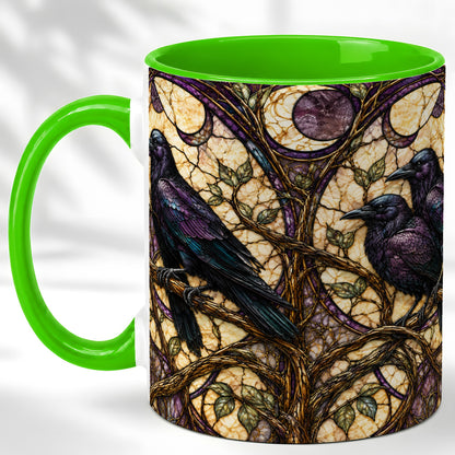 #pl[11oz|Green] Raven Moon Coffee Mug, Stained Glass Raven Mug, Ceramic Cup