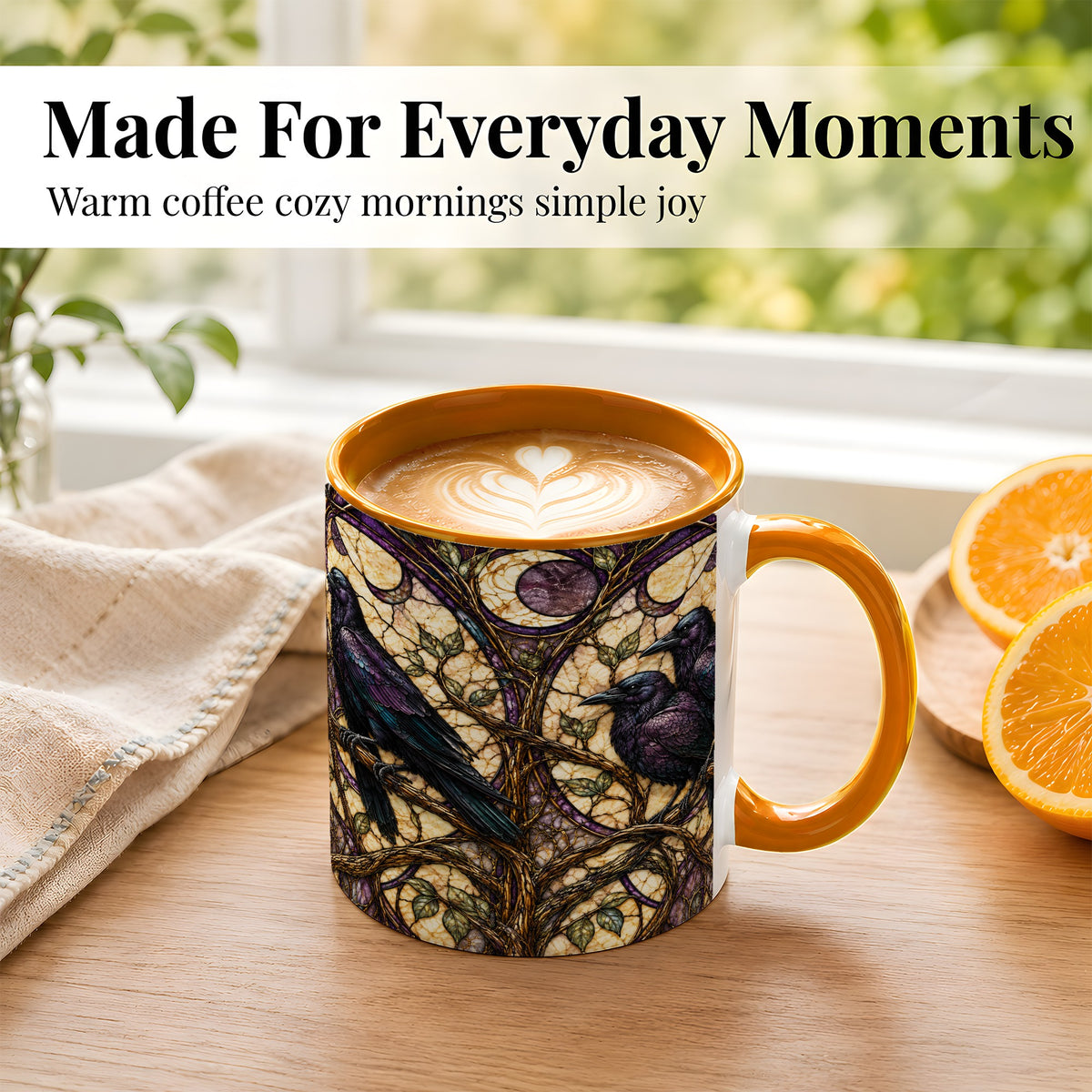 #pl[11oz|Orange] Raven Moon Coffee Mug, Stained Glass Raven Mug, Ceramic Cup