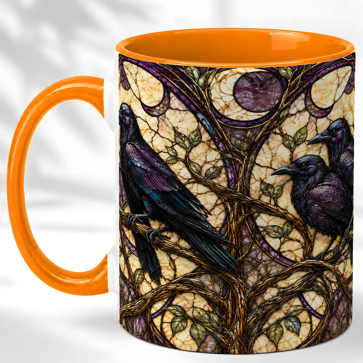 #pl[11oz|Orange] Raven Moon Coffee Mug, Stained Glass Raven Mug, Ceramic Cup