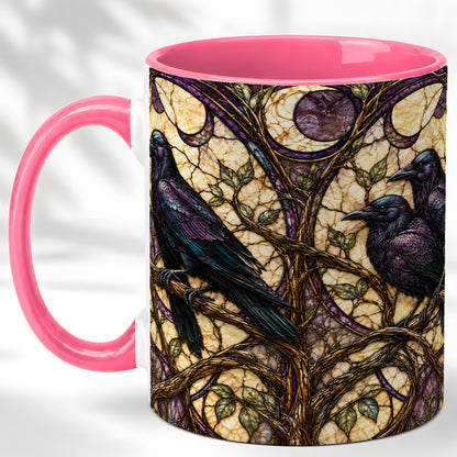 #pl[11oz|Pink] Raven Moon Coffee Mug, Stained Glass Raven Mug, Ceramic Cup
