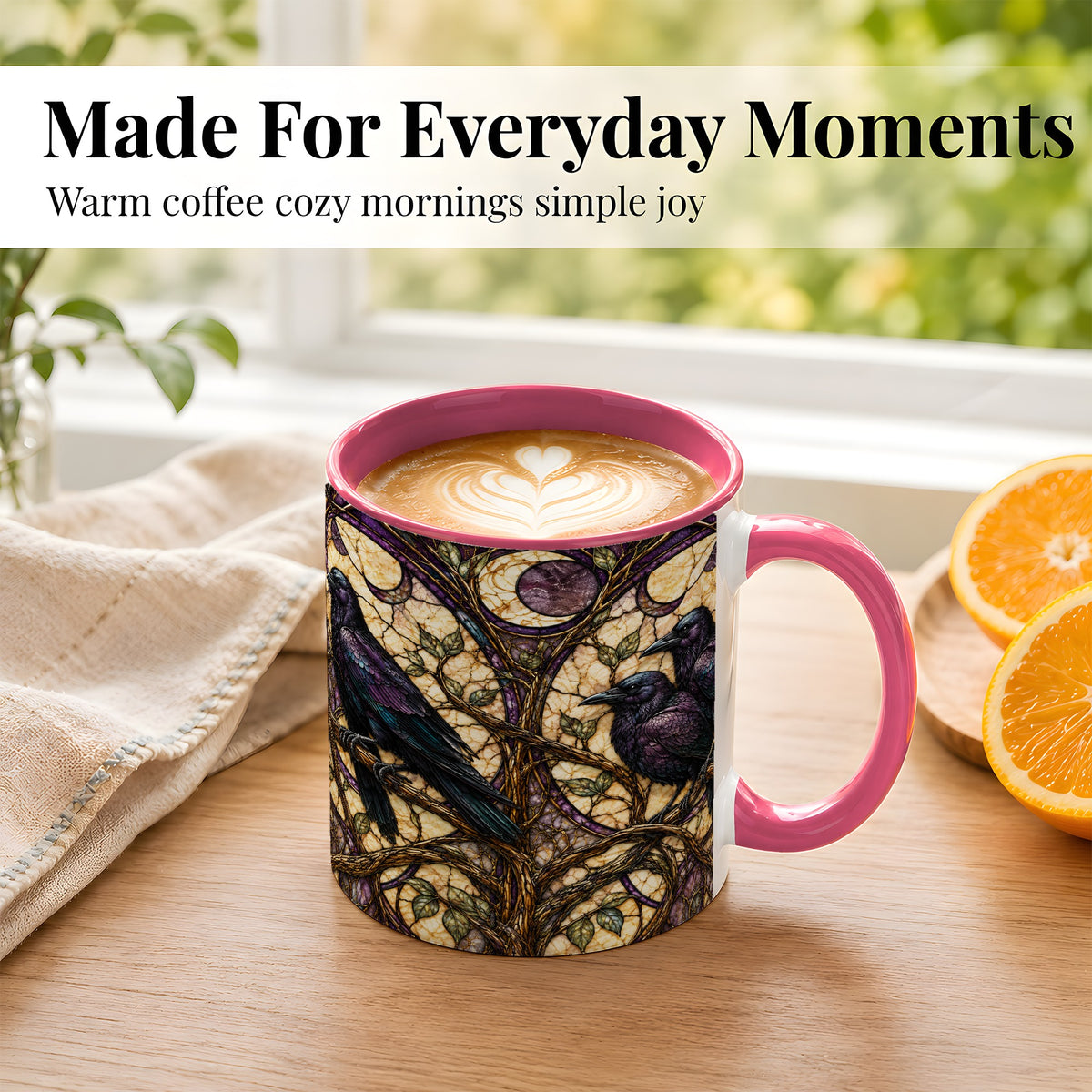 #pl[11oz|Pink] Raven Moon Coffee Mug, Stained Glass Raven Mug, Ceramic Cup