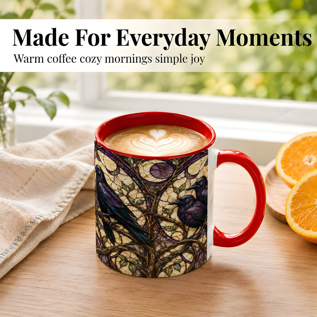 #pl[11oz|Red] Raven Moon Coffee Mug, Stained Glass Raven Mug, Ceramic Cup