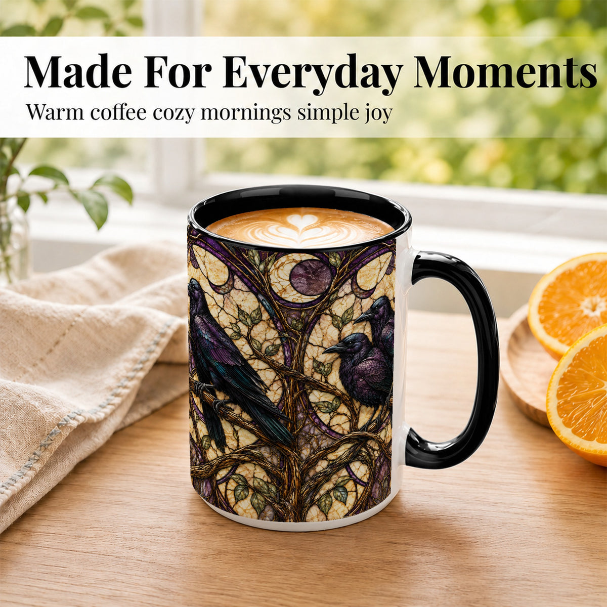 #pl[15oz|Black] Raven Moon Coffee Mug, Stained Glass Raven Mug, Ceramic Cup