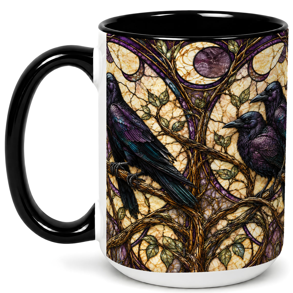 #pl[15oz|Black] Raven Moon Coffee Mug, Stained Glass Raven Mug, Ceramic Cup