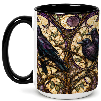 #pl[15oz|Black] Raven Moon Coffee Mug, Stained Glass Raven Mug, Ceramic Cup