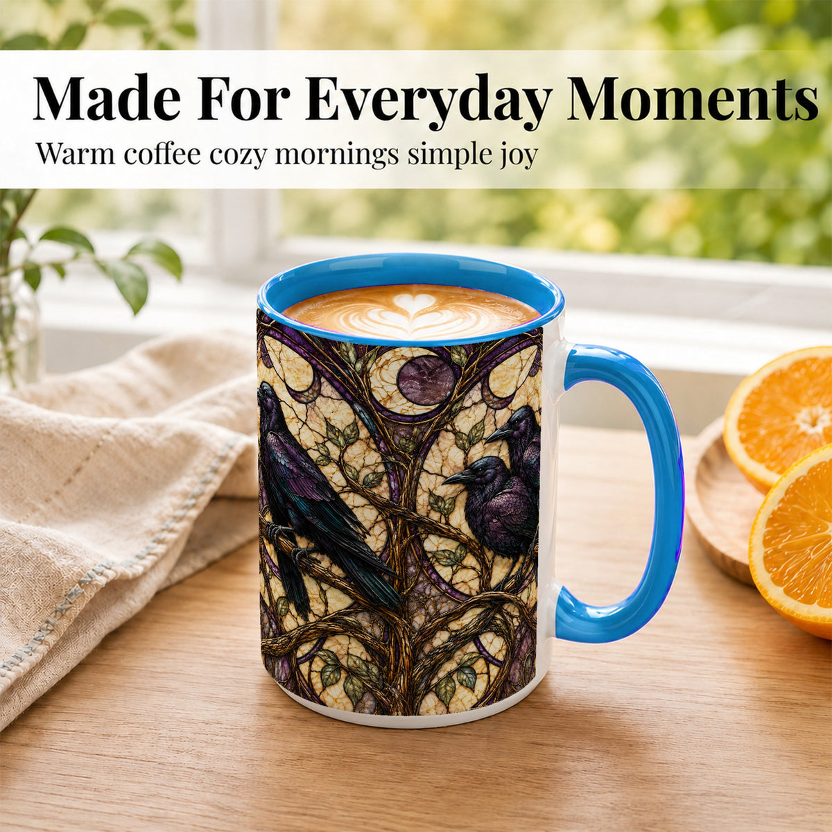 #pl[15oz|Blue] Raven Moon Coffee Mug, Stained Glass Raven Mug, Ceramic Cup