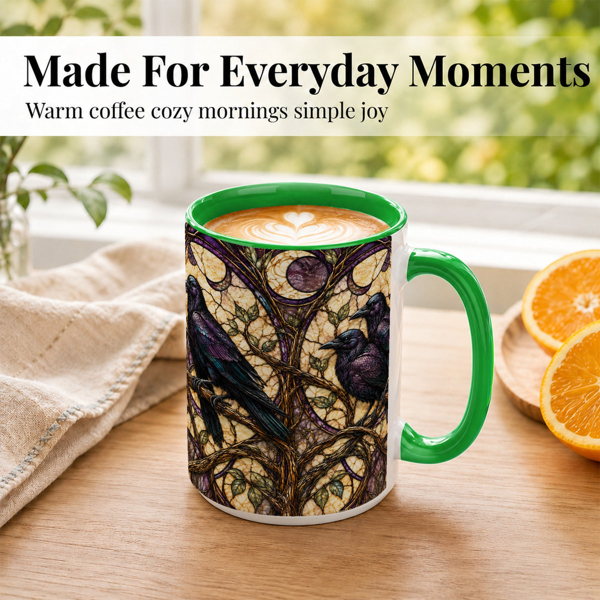 #pl[15oz|Green] Raven Moon Coffee Mug, Stained Glass Raven Mug, Ceramic Cup