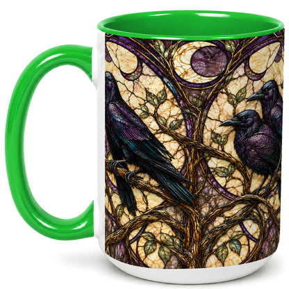 #pl[15oz|Green] Raven Moon Coffee Mug, Stained Glass Raven Mug, Ceramic Cup