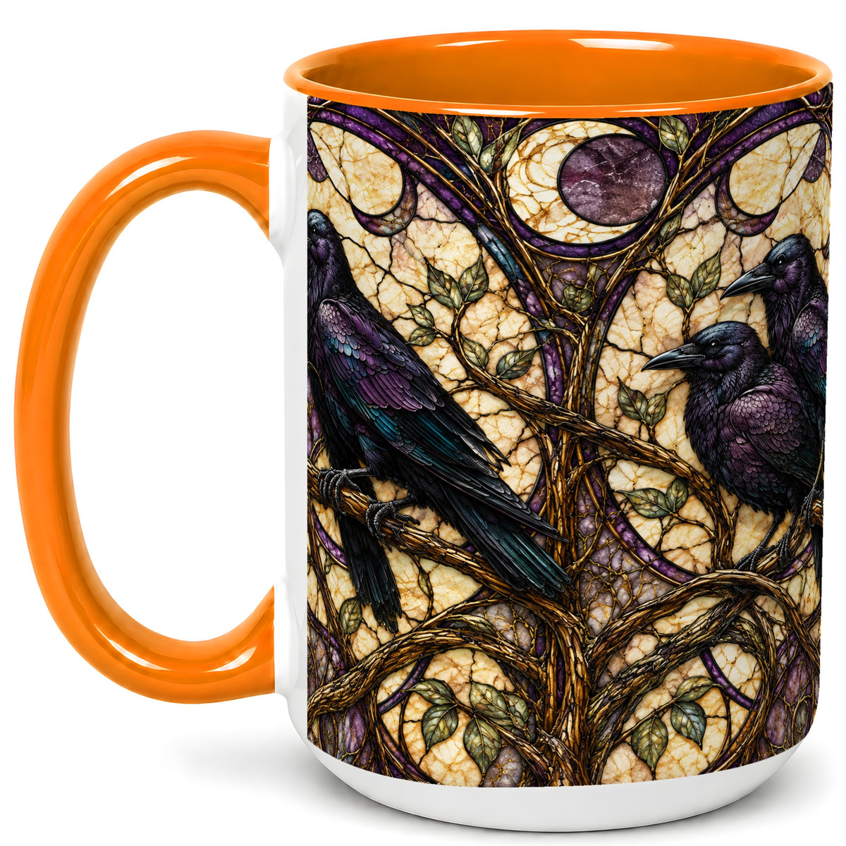 #pl[15oz|Orange] Raven Moon Coffee Mug, Stained Glass Raven Mug, Ceramic Cup