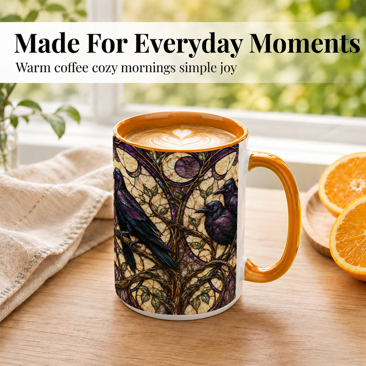 #pl[15oz|Orange] Raven Moon Coffee Mug, Stained Glass Raven Mug, Ceramic Cup