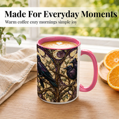 #pl[15oz|Pink] Raven Moon Coffee Mug, Stained Glass Raven Mug, Ceramic Cup