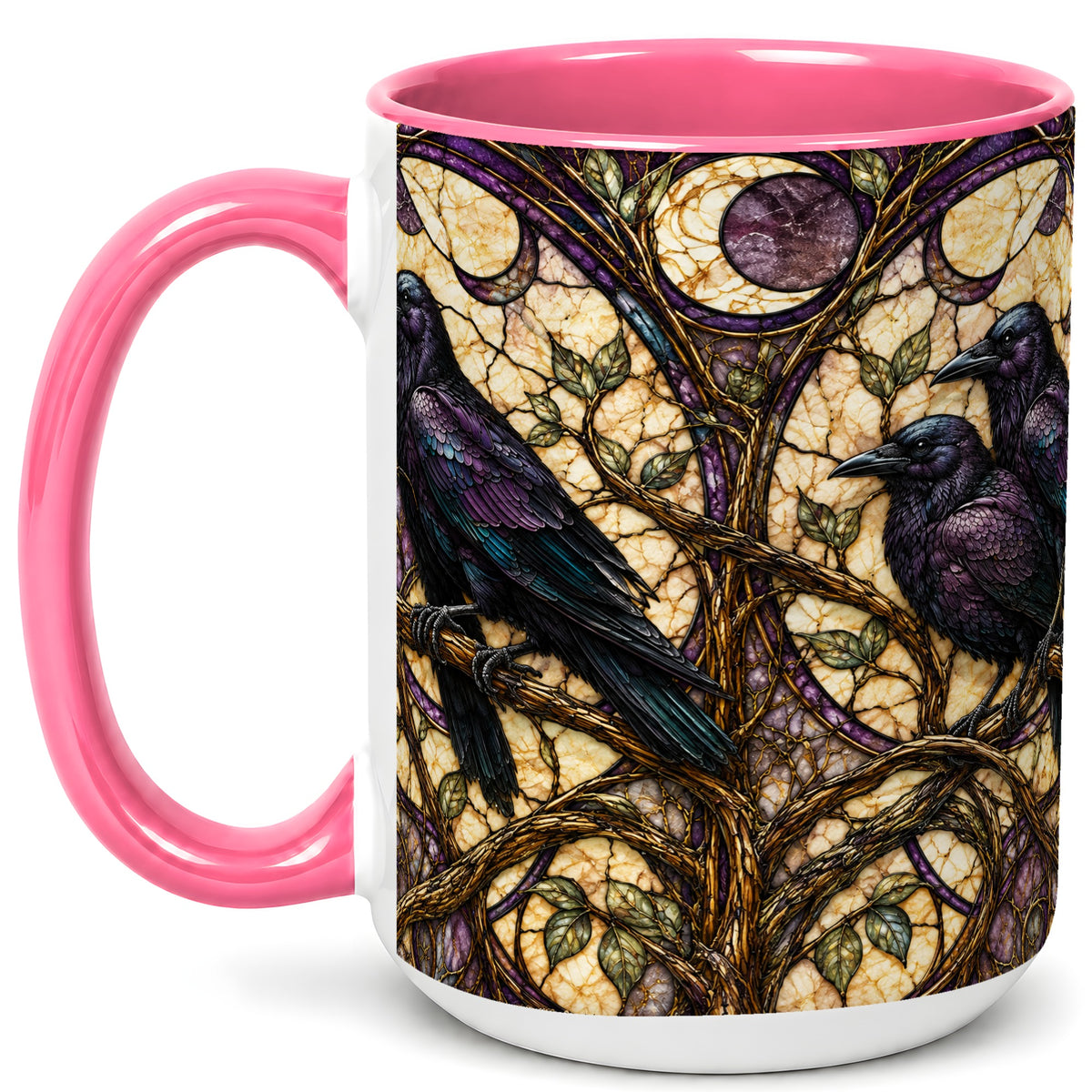 #pl[15oz|Pink] Raven Moon Coffee Mug, Stained Glass Raven Mug, Ceramic Cup