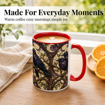 #pl[15oz|Red] Raven Moon Coffee Mug, Stained Glass Raven Mug, Ceramic Cup